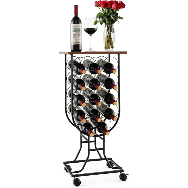 foto del prodotto costway portabottiglie per vino con ruote staccabili e bloccabili, cantinetta vino stile rustico per 14 bottiglie, con piano in legno e struttura