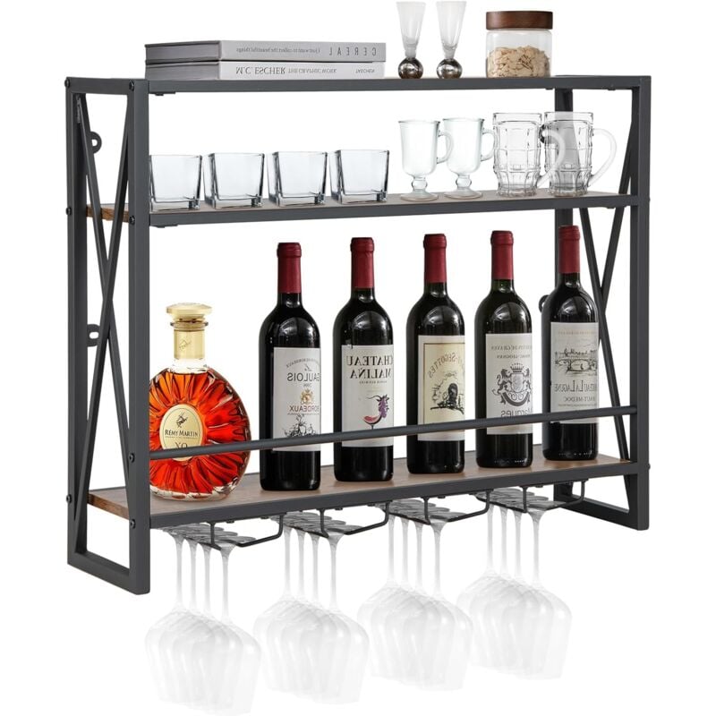 foto del prodotto costway portabottiglie per vino da parete industriale, scaffale di stoccaggio per vino a parete a 2 3 livelli con porta calici, in metallo, per
