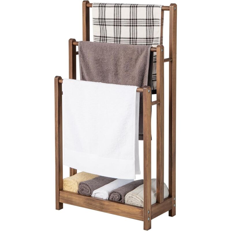 foto del prodotto costway portasciugamani in legno da terra, porta asciugamani a 3 livelli con mensola inferiore, dispositivo anti ribaltamento, supporto leggero per