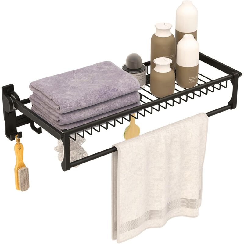 foto del prodotto costway portasciugamani pieghevole per bagno, mensola portasciugamani da parete con asta regolabile e ganci mobili, antiruggine e impermeabile,