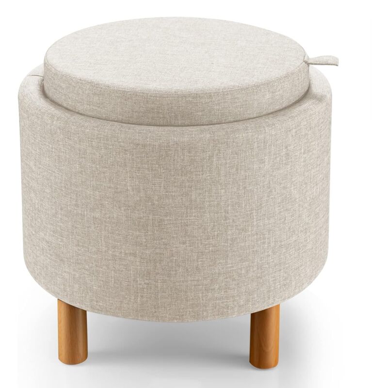 foto del prodotto costway pouf rotondo con contenitore e vassoio, poggiapiedi imbottito con base in legno e piedini antiscivolo, tavolino da caff per soggiorno,