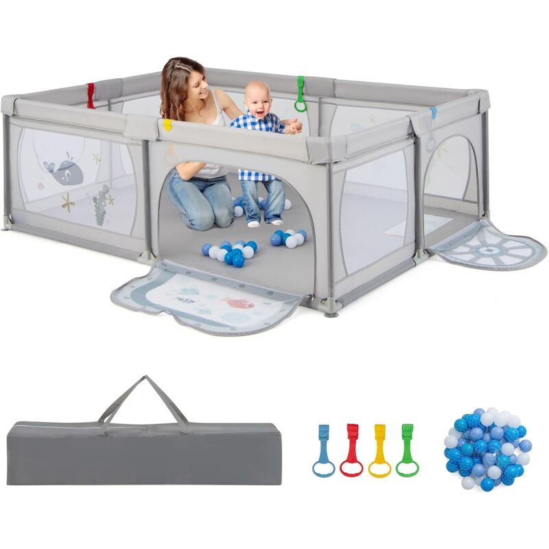 foto del prodotto costway recinto per bambini, box per bambini con rete traspirante tasca portaoggetti ventose e apertura a cerniera, box giochi con borsa e 50
