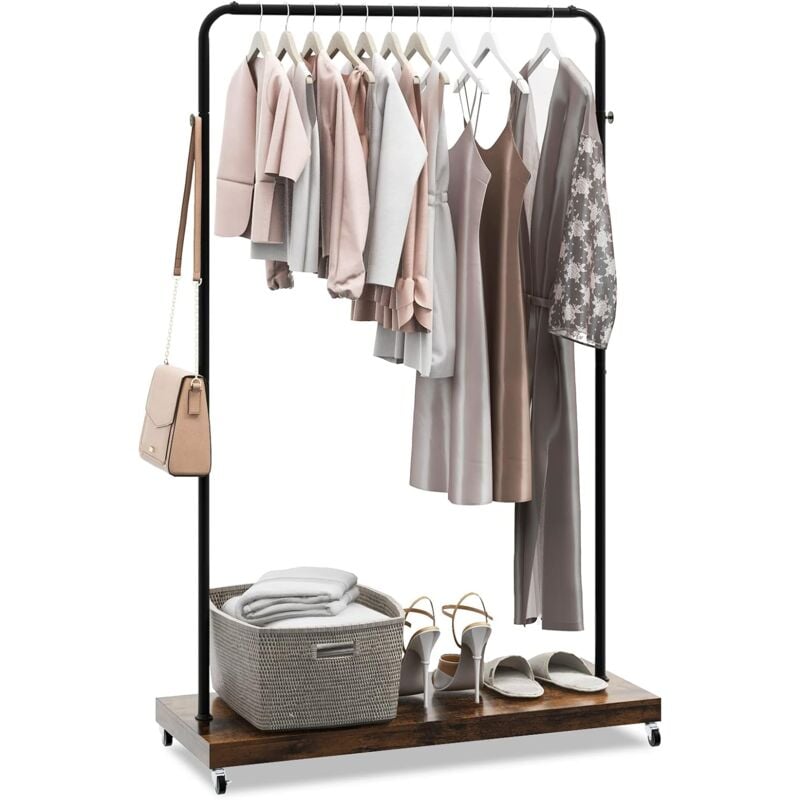 foto del prodotto costway rella appendiabiti con ruote, stand appendiabiti in stile industriale con ripiano inferiore e 5 ganci, appendiabiti con telaio in metallo per