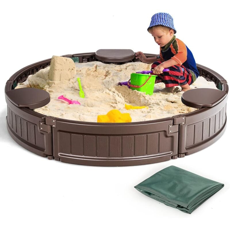 foto del prodotto costway sabbiera per bambini con rotondo coperchio impermeabile, ideale per giardino, cortile e spiaggia,120 x 120 x 21 cm, marrone