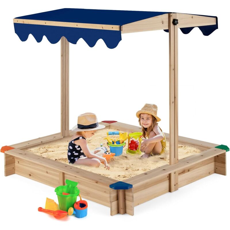 foto del prodotto costway sabbiera per bambini in legno, con tendina regolabile in altezza, senza fondo, area gioco di sabbia per cortile prato giardino spiaggia,
