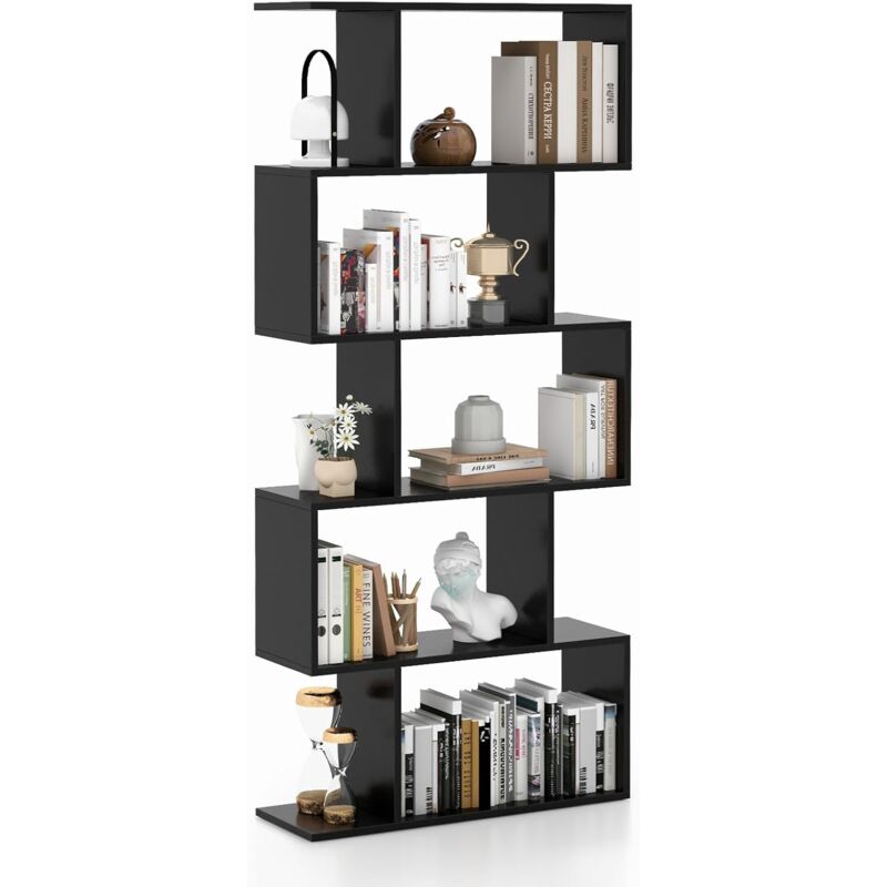 foto del prodotto costway scaffale a 5 ripiani in legno, libreria geometrica a forma di s con dispositivo antiribaltamento, per soggiorno ufficio camera da letto, 70