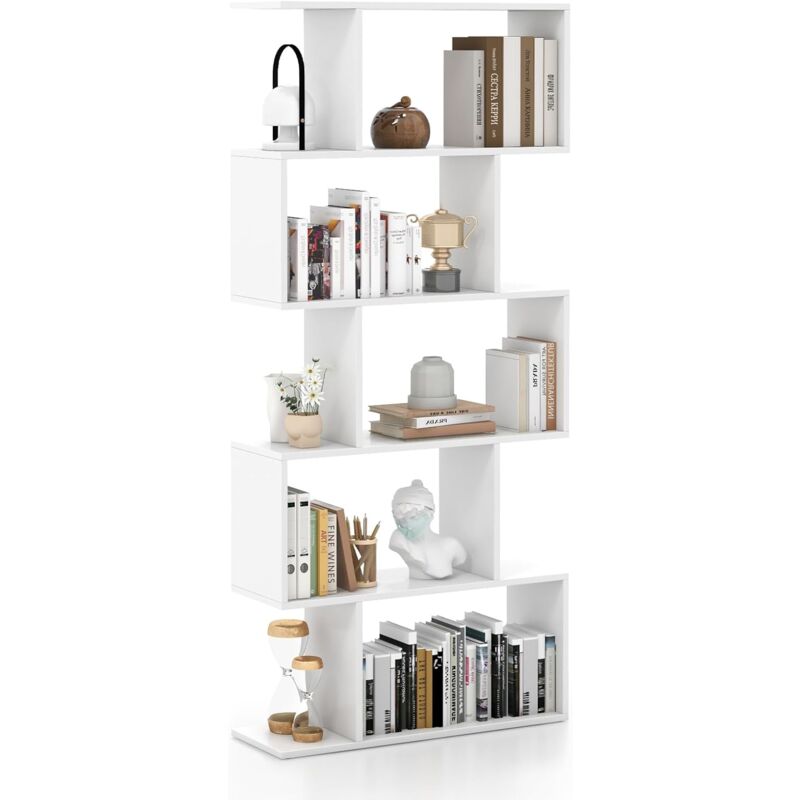 foto del prodotto costway scaffale a 5 ripiani in legno, libreria geometrica a forma di s con dispositivo antiribaltamento, per soggiorno ufficio camera da letto, 70