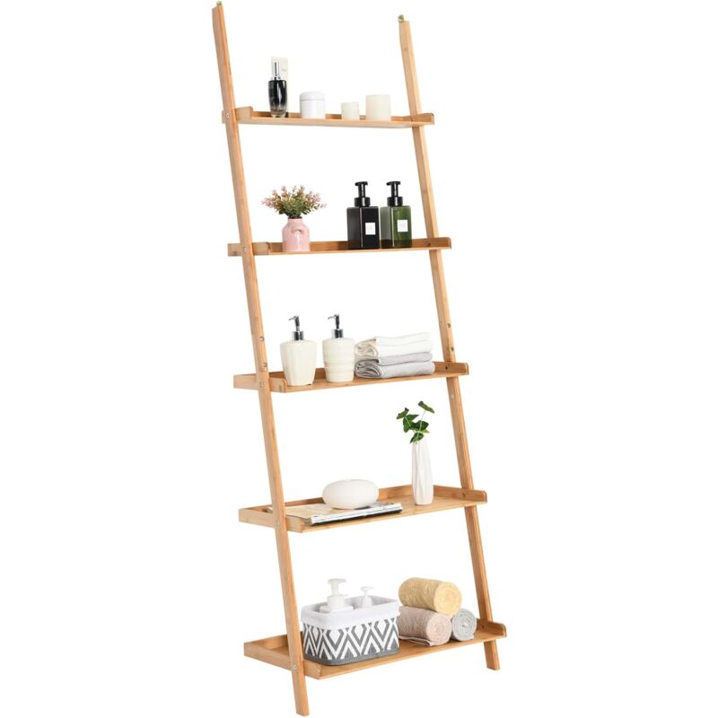 foto del prodotto costway scaffale a scala con 5 livelli, libreria di stoccaggio di bamb multiuso, appoggiato al muro, per salone cucina bagno, 64 x 45 x 181 cm,