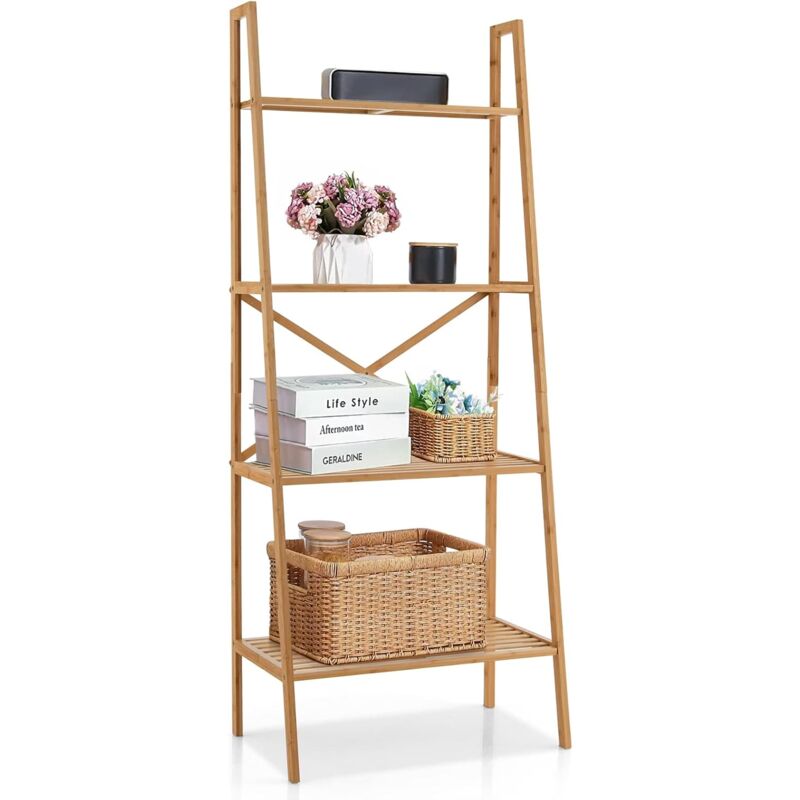foto del prodotto costway scaffale a scala in bamb a 4 piani, supporto multifunzionale per piante con dispositivo anti ribaltamento, ideale per terrazza, giardino,