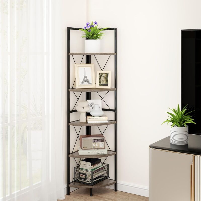 foto del prodotto costway scaffale angolare, libreria industriale angolare a 5 ripiani con struttura in metallo, per soggiorno ufficio cucina spazi piccoli,