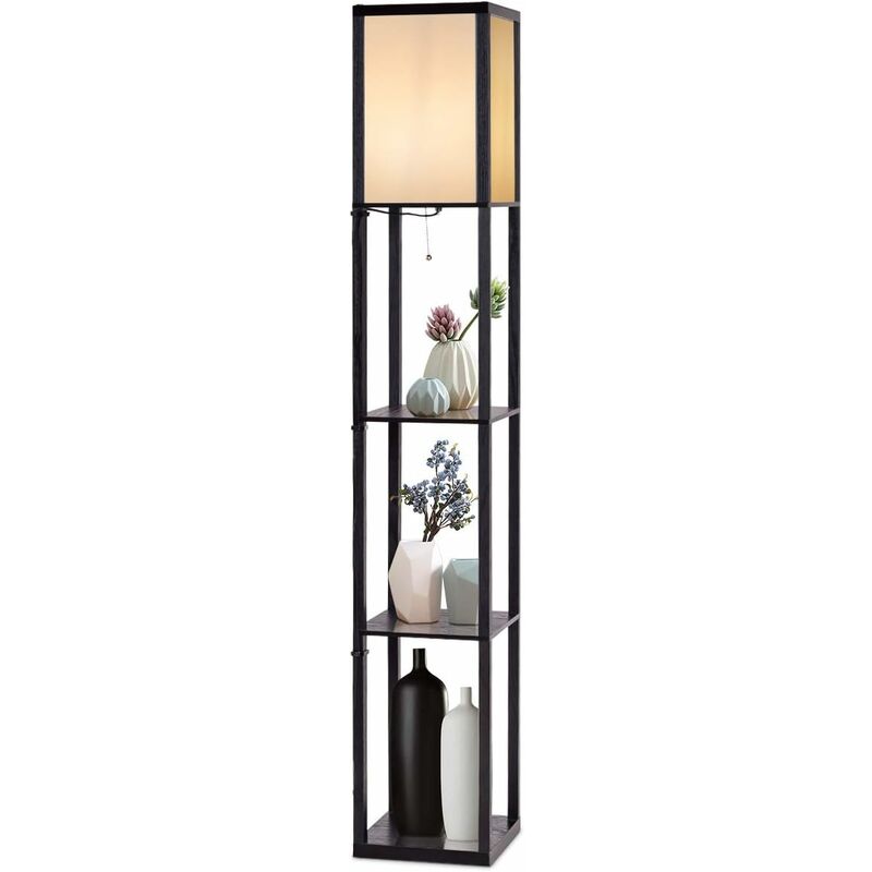 foto del prodotto costway scaffale con lampada, lampada da terra moderna per salone camera da letto studio, con lampada e 3 mensole paralume, in legno, nero