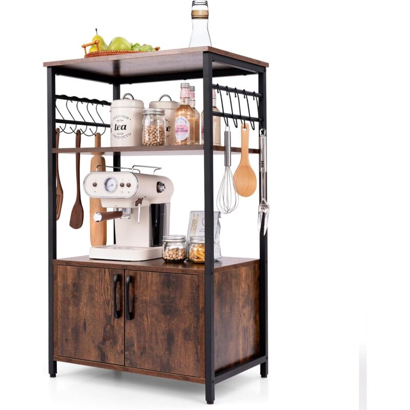 foto del prodotto costway scaffale da cucina con armadietto, supporto per microonde industriale a 3 livelli con 2 ripiani 10 ganci, struttura in metallo, per
