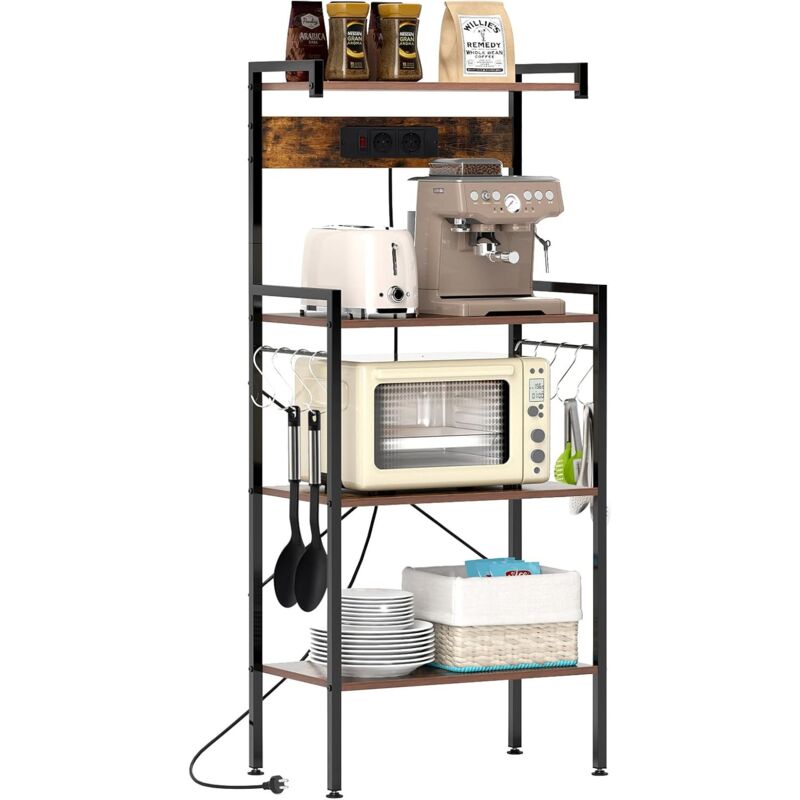 foto del prodotto costway scaffale da cucina con multipresa, scaffale per microonde su 4 ripiani, mensola da cucina struttura in metallo con 8 ganci, per sala pranzo