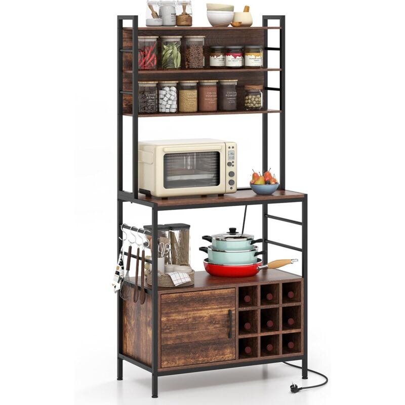 foto del prodotto costway scaffale da cucina con multipresa, scaffale per microonde su 5 ripiani, mensola da cucina con 4 ganci e 9 portabottiglie di vino per sala