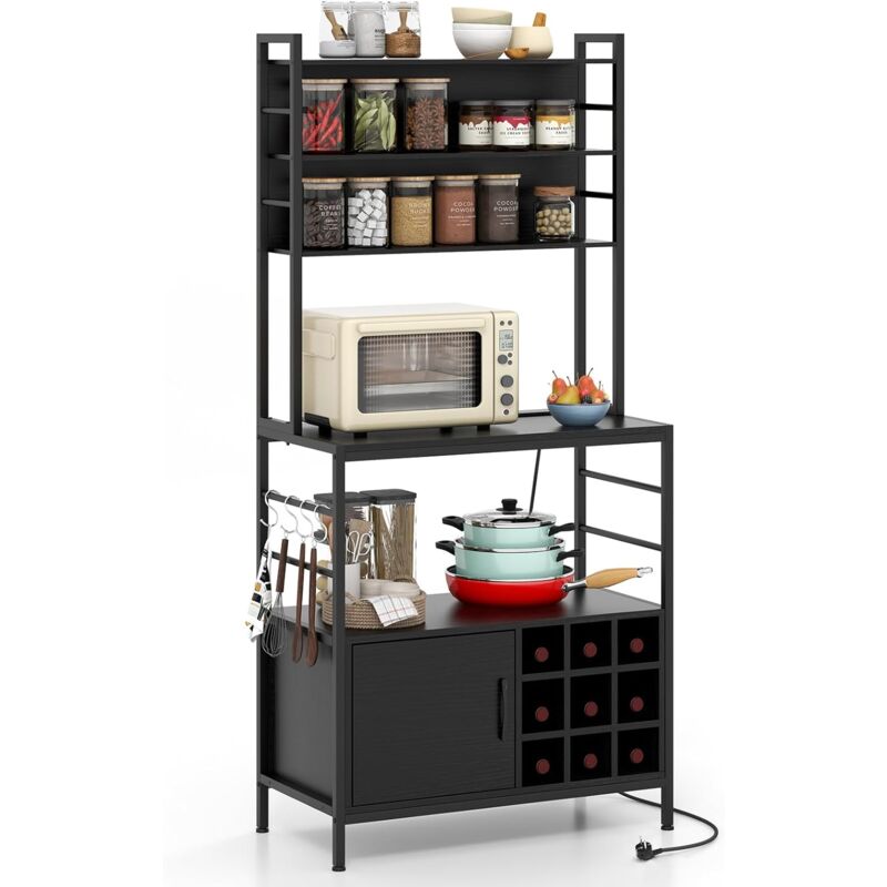foto del prodotto costway scaffale da cucina con multipresa, scaffale per microonde su 5 ripiani, mensola da cucina con 4 ganci e 9 portabottiglie di vino per sala