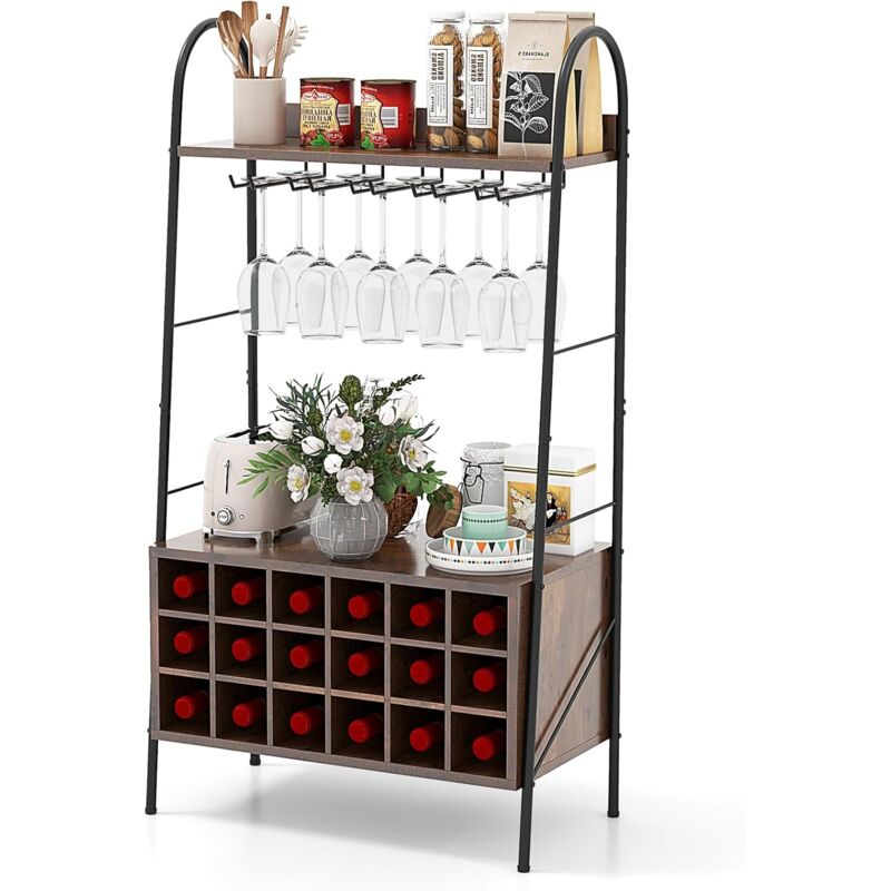 foto del prodotto costway scaffale da cucina con portabottiglie staccabile e 5 supporti per calici, 2 ripiani, sistema antiribaltamento, mobile da bar per cucina,