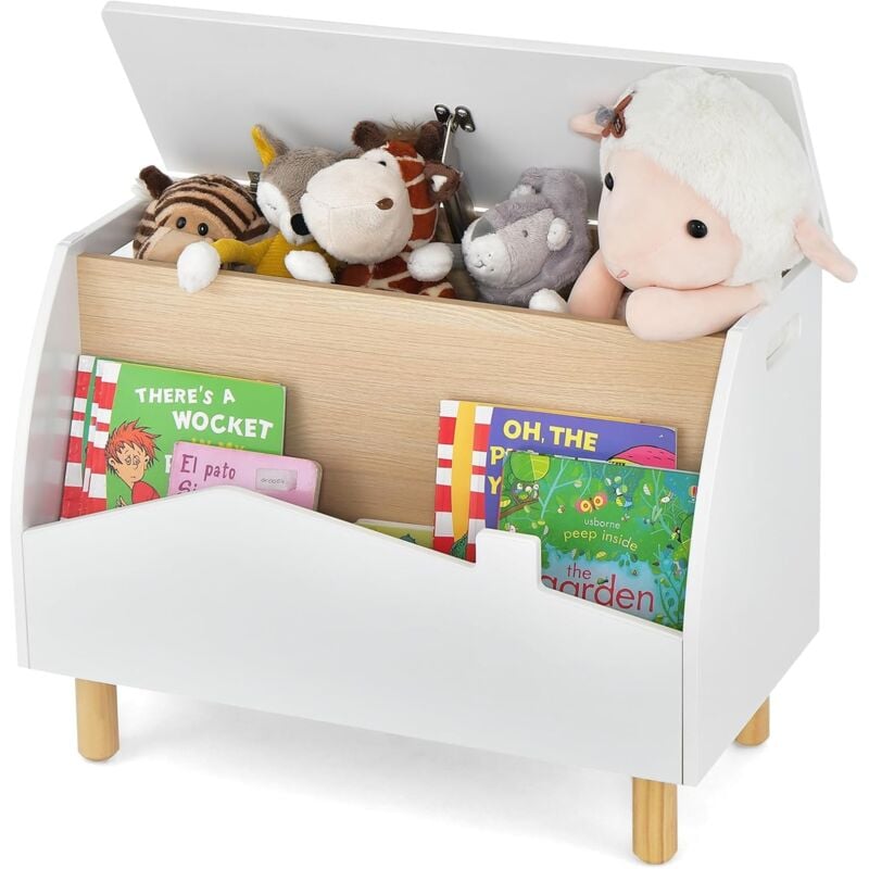 foto del prodotto costway scaffale dei giocattoli per bambini in legno, libreria per bambini con ripiano espositivo e contenitore con coperchio apribile, ideale per