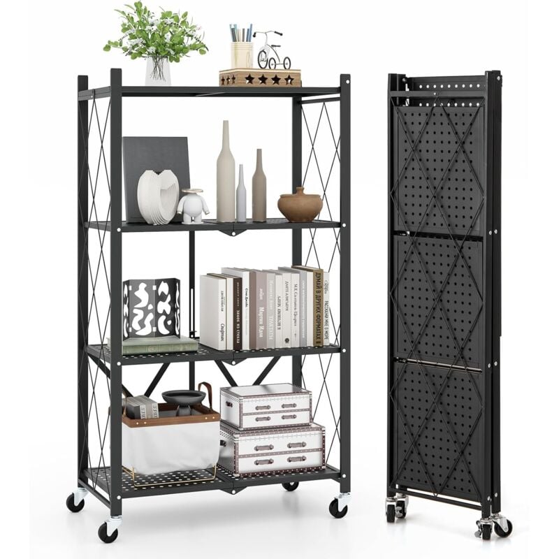 foto del prodotto costway scaffale di stoccaggio pieghevole a 4 livelli, carrello di stoccaggio con ruote bloccabili, unit di ripiano in metallo robusta per cucina