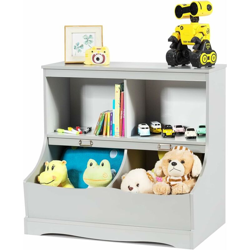 foto del prodotto costway scaffale libreria organizer porta giocattoli, con 2 scomparti e 2 contenitori, libreria multiuso con pedana, per camera dei bambini grigio 