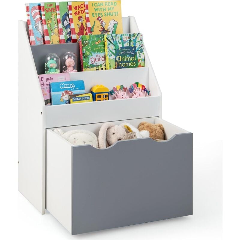 foto del prodotto costway scaffale per bambini con 3 ripiani e scatola di giocattoli, libreria per bambini e bambine per stanza dei giochi, soggiorno e asilo, grigio