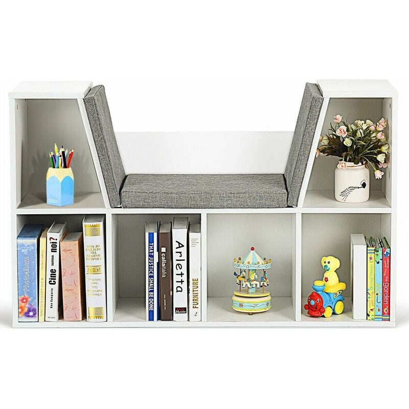 foto del prodotto costway scaffale per libri, libreria panca in legno con cuscini per bambini bianco 