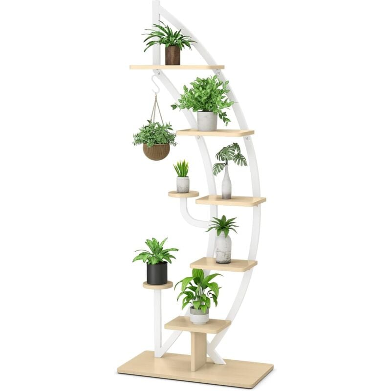 foto del prodotto costway scaffale per piante a 7 livelli, scaffale a forma di mezza luna con gancio e dispositivo antiribaltamento, porta piante e fiori per