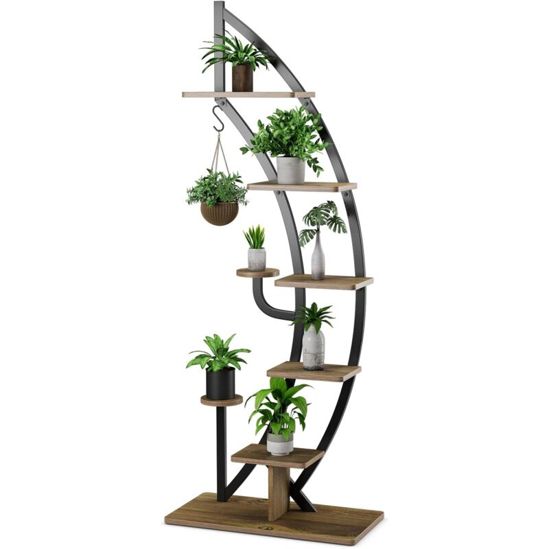 foto del prodotto costway scaffale per piante a 7 livelli, scaffale a forma di mezza luna con gancio e dispositivo antiribaltamento, porta piante e fiori per