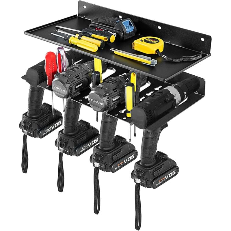 foto del prodotto costway scaffale per trapano elettrico, supporto a parete per trapano e mensola sospesa, pannello forato portautensili per garage, officina e