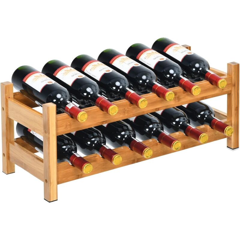 foto del prodotto costway scaffale per vino con 2 livelli di bamb , organizer vini per 12 bottiglie, espositore vini salva spazio, catinetta portabottiglie, 62 x 24