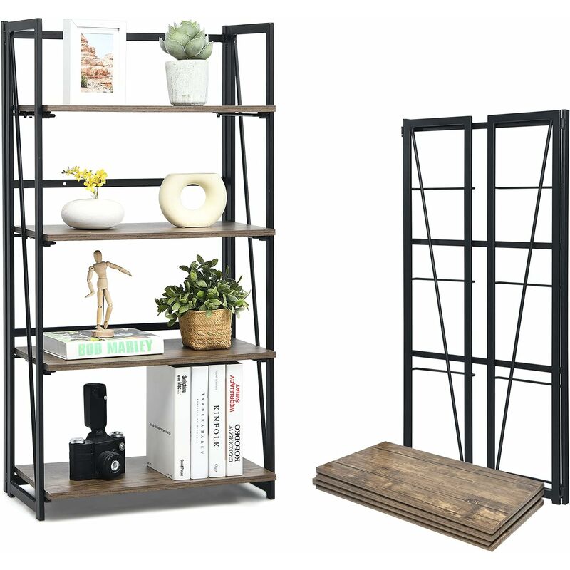 foto del prodotto costway scaffale pieghevole a 4 livelli, scaffale in legno con struttura in metallo, libreria industriale e multifunzionale per ufficio soggiorno e