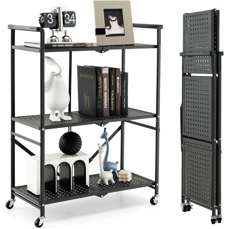 foto del prodotto costway scaffale pieghevole con ruote, carrello portaoggetti in metallo con 3 ripiani e 2 ruote bloccabili, per cucina soggiorno garage,