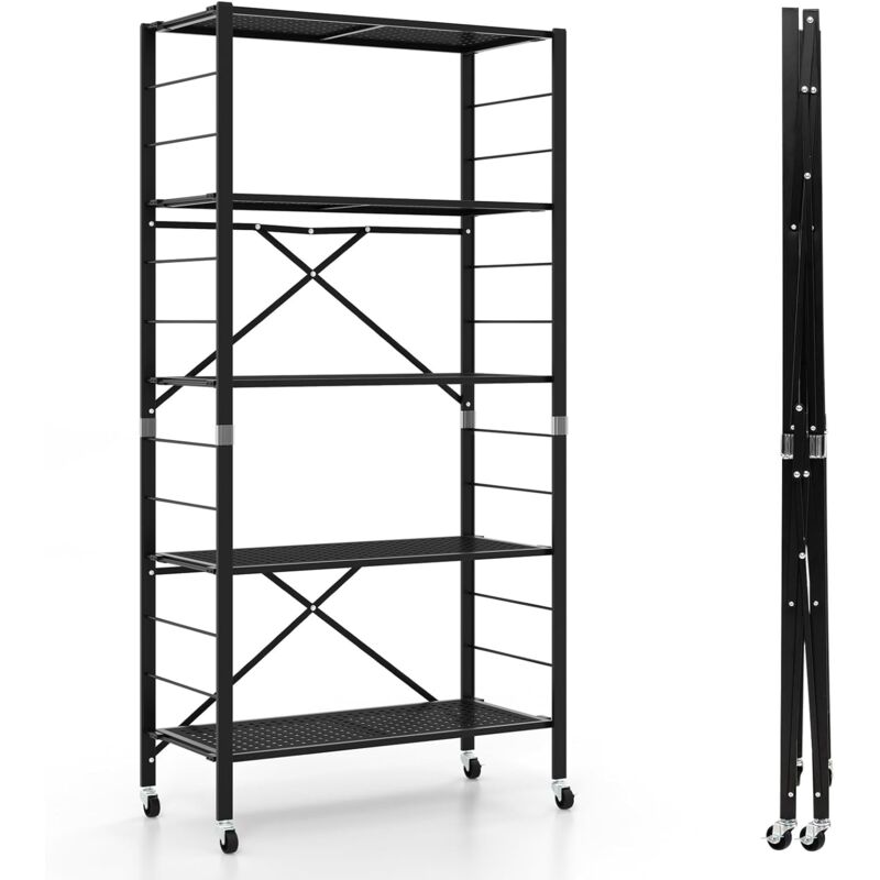 foto del prodotto costway scaffale pieghevole con ruote, scaffale in metallo con 5 ripiani, mobile in metallo con ripiani regolabili e grande capacit da cucina