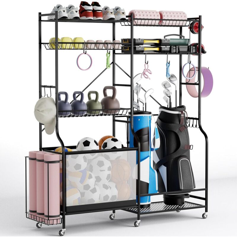 foto del prodotto costway scaffale porta palline, organizzatore attrezzature sportive con supporto per tappetini yoga, cesto per palloni, 5 ripiani regolabili, gancio