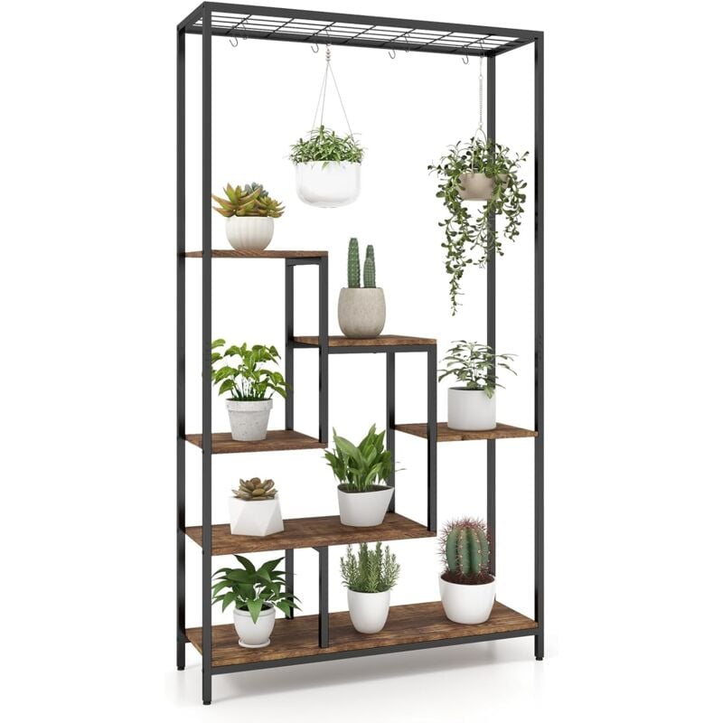 foto del prodotto costway scaffale porta piante a 6 livelli, scaffale per fiori in metallo da interno con 10 ganci e ripiani per piante, porta vasi da balcone e