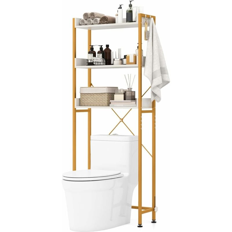 foto del prodotto costway scaffale sopra wc, mobile a 3 ripiani con 4 ganci e barra inferiore regolabile, scaffale multiuso per bagno balcone lavanderia, 63x24x164