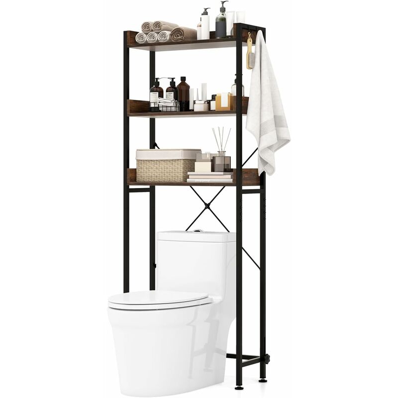 foto del prodotto costway scaffale sopra wc, mobile a 3 ripiani con 4 ganci e barra inferiore regolabile, scaffale multiuso per bagno balcone lavanderia, 63x24x164