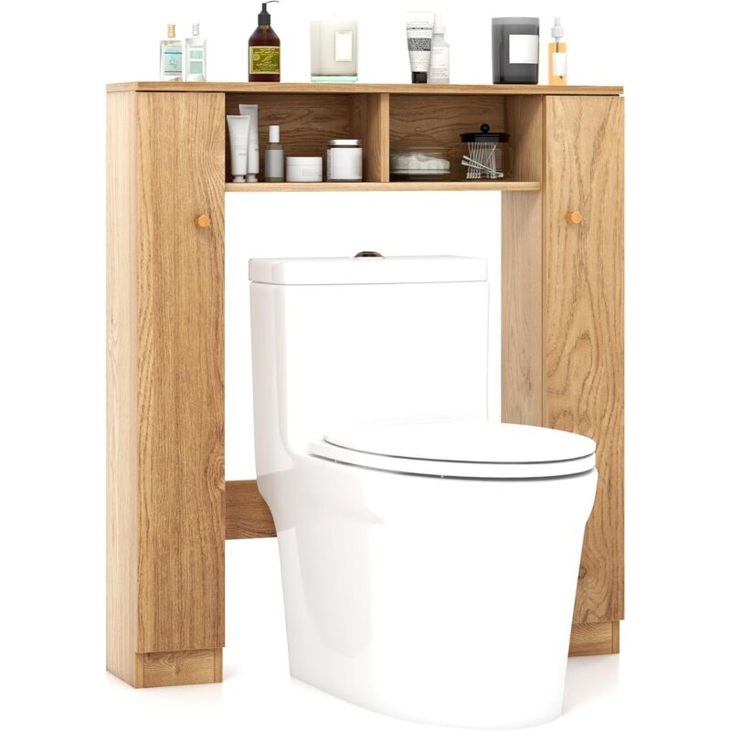 foto del prodotto costway scaffale sopra wc, mobile per bagno con doppia anta, 2 scomparti aperti e 4 ripiani regolabili, scaffale salvaspazio da terra per bagno