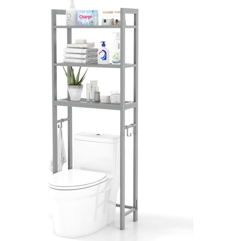 foto del prodotto costway scaffale sopra wc, mobile per bagno in metallo con dispositivo antiribaltamento, 3 ganci, supporto per toilette a 3 ripiani, scaffale