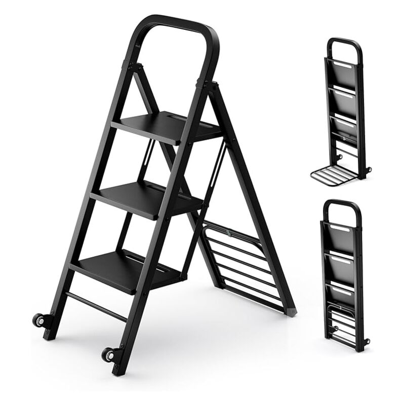 foto del prodotto costway scala a 3 gradini pieghevole con ruote, 2 in 1 scala e carrello a mano, carrello a mano con ampie pedane, carrello portapacchi a scala in