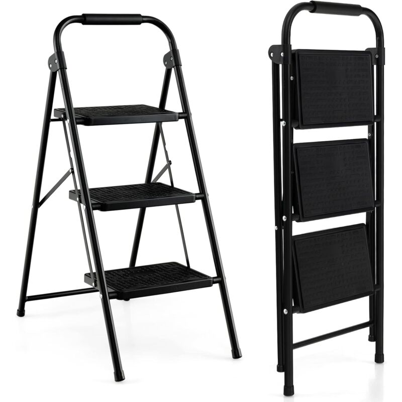 foto del prodotto costway scala a 3 gradini, scaletta pieghevole con ampio pedale, corrimano e piedi antiscivolo, struttura in metallo, carico 265 kg, nero