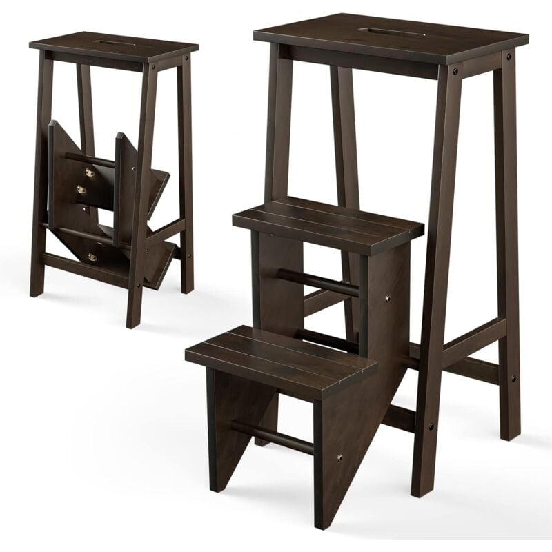 foto del prodotto costway scaletta pieghevole, 3 in 1 scaletta e sgabello in legno multifunzione, 3 gradini, reversibili impugnatura, scaletta portatile e leggera,