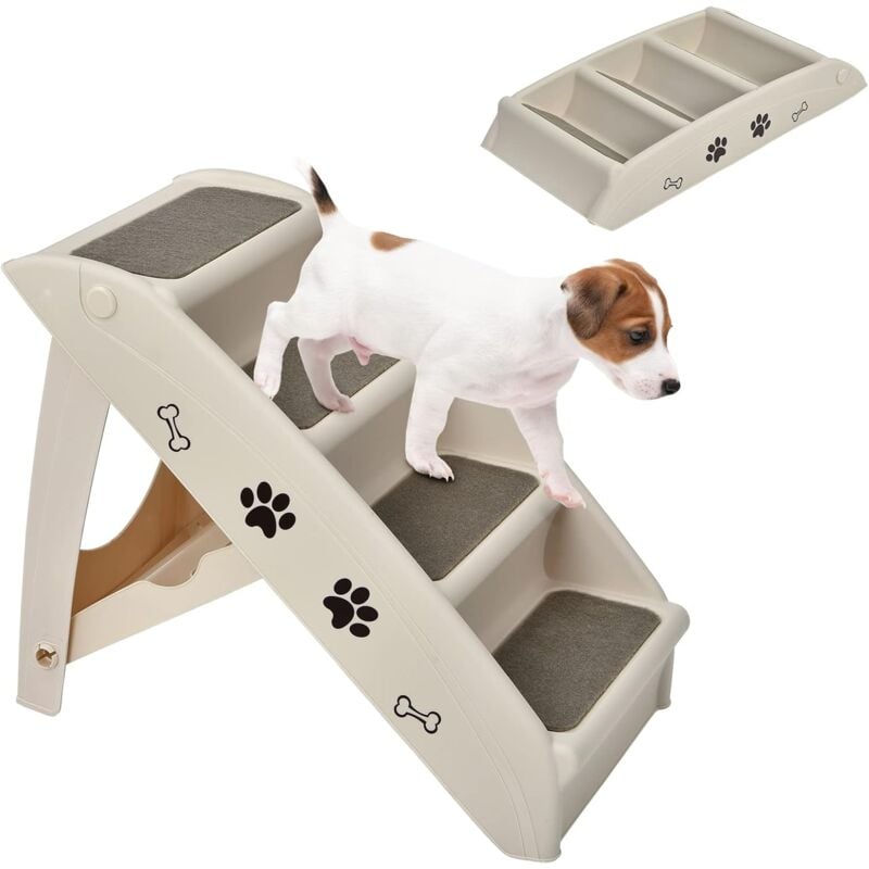 foto del prodotto costway scaletta pieghevole per animali, scala di plastica con 4 gradini per interno ed esterno, con feltro morbido, ideale per animali di piccola