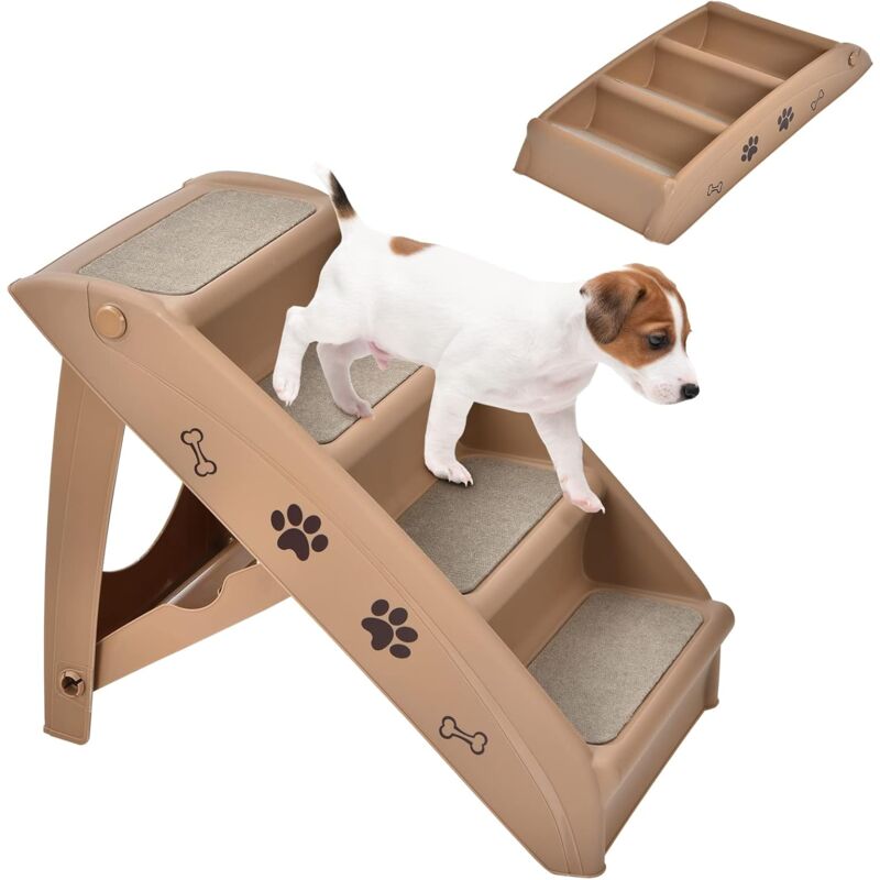 foto del prodotto costway scaletta pieghevole per animali, scala di plastica con 4 gradini per interno ed esterno, con feltro morbido, ideale per animali di piccola