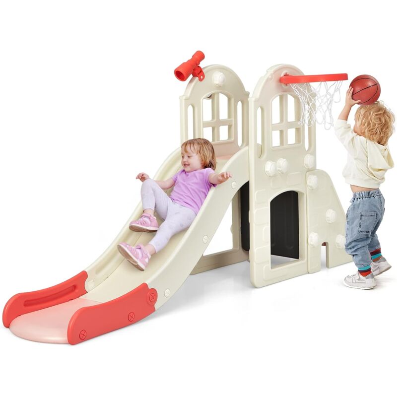 foto del prodotto costway scivolo per bambini 6 in 1, set da gioco per bambini con canestro, palla, lancio dell anello e cannocchiale, ideale per interni ed esterni