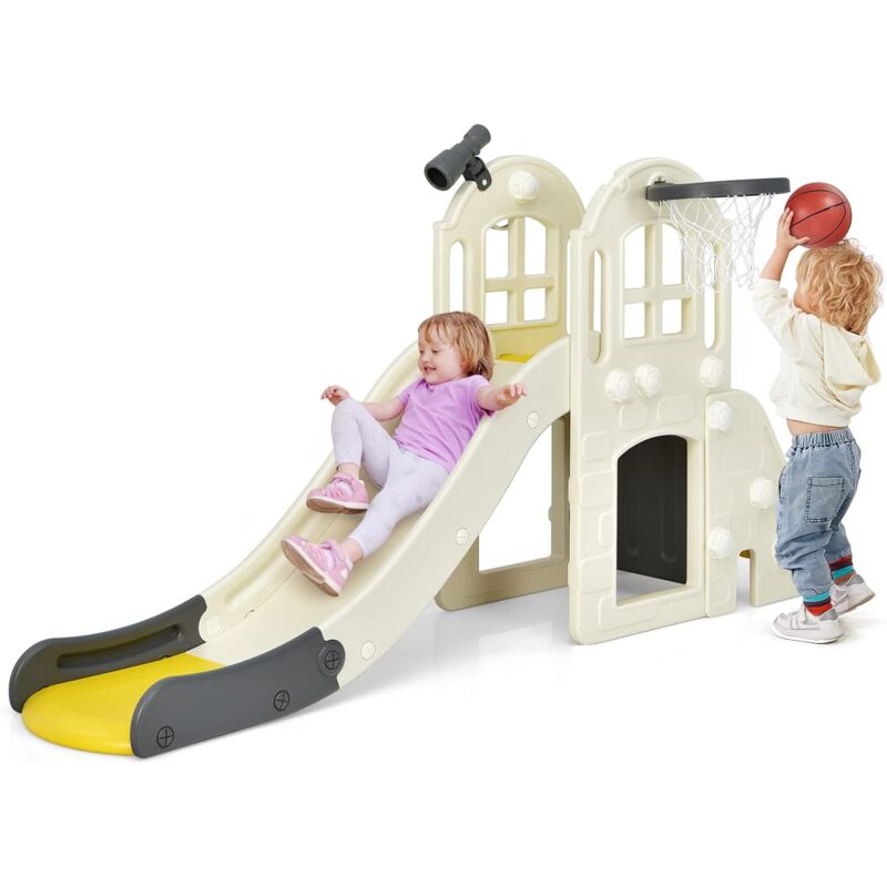 foto del prodotto costway scivolo per bambini 6 in 1, set da gioco per bambini con canestro, palla, lancio dell anello e cannocchiale, ideale per interni ed esterni