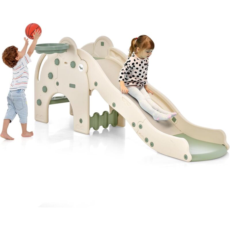 foto del prodotto costway scivolo per bambini forma di elefante, 4 in 1 scivolo con canestro da basket e pallone, scalini antiscivolo, set di giocattoli scivolo per