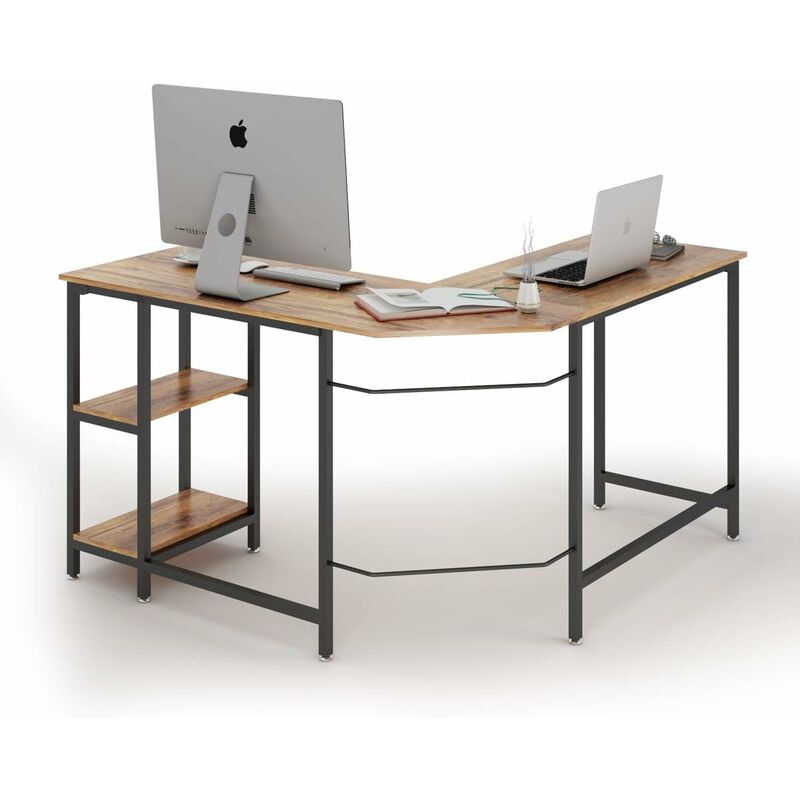 foto del prodotto costway scrivania a l, postazione da lavoro per computer con mensole, scrivania in legno e struttura in acciaio, tavolo da lavoro largo e