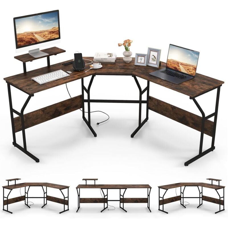 foto del prodotto costway scrivania ad angolo a forma di l con presa elettrica, scrivania angolare per computer con supporto monitor movibile, 225cm postazione da