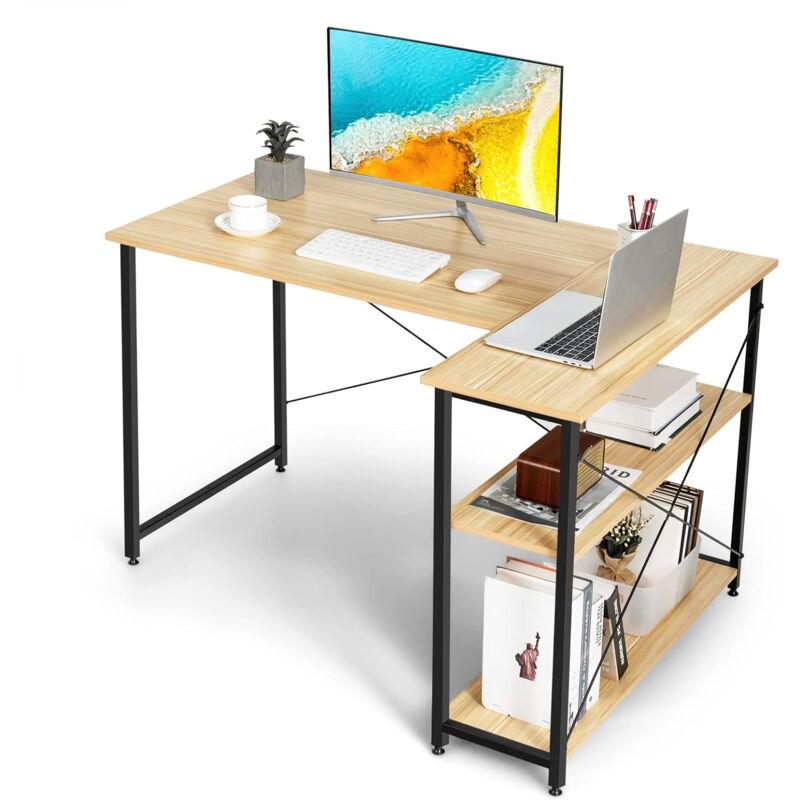 foto del prodotto costway scrivania angolare 120 cm, scrivania per computer ad angolo con 2 ripiani, scrivania ufficio reversibile moderna con design salvaspazio,