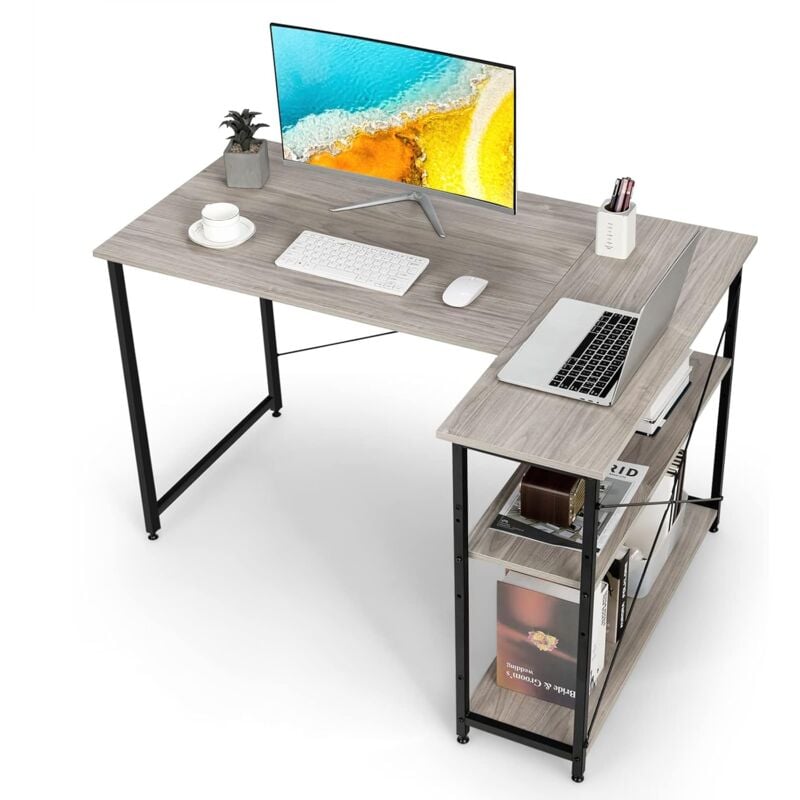 foto del prodotto costway scrivania angolare 120 cm, scrivania per computer ad angolo con 2 ripiani, scrivania ufficio reversibile moderna con design salvaspazio,